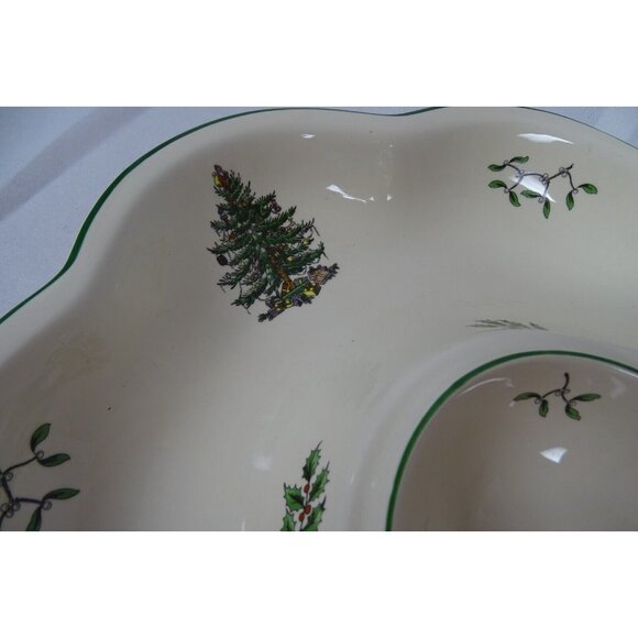 Spode Christmas Tree Divided Vegetable Chip Dip Bowl Green Trim S3324 - No Box - Picture 2 of 5